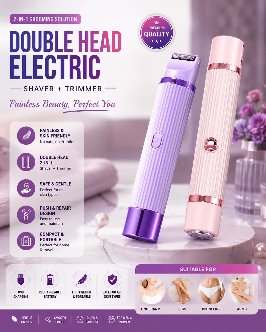 2-in-1 Double Head Dual Bikini Hair Trimmer | Electric Shaver & Trimmer - Rechargeable Body Hair Remover