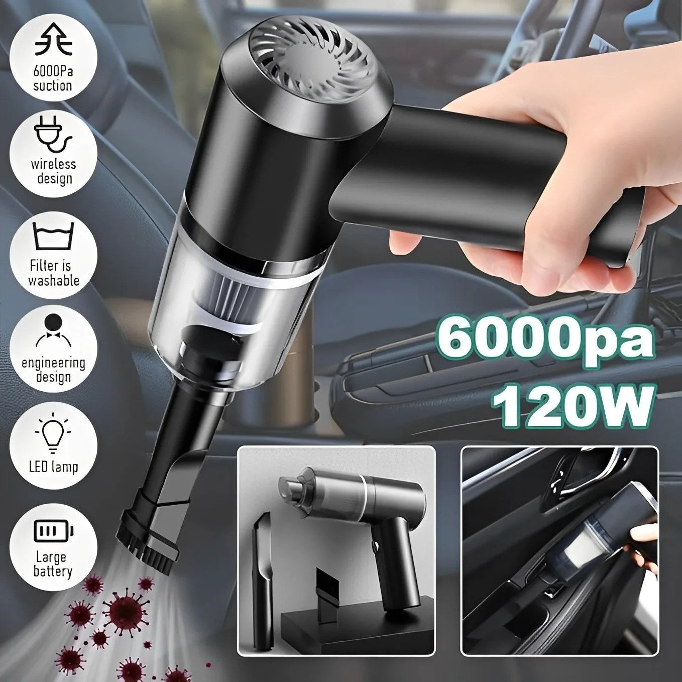 Rechargeable Car Vacuum Cleaner with 4 Attachments
